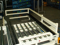 Conveyor roller tables with transitions for transport of pallets
